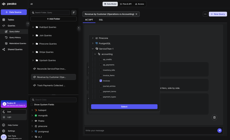 Selecting ServiceTitan and Xero invoice and customer tables in Peaka