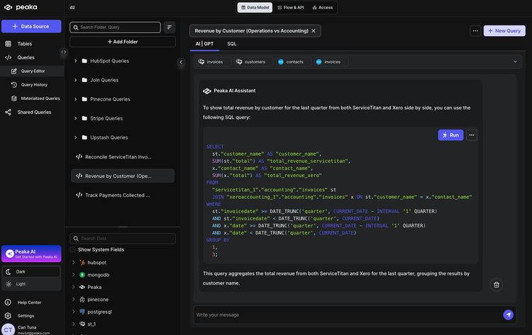 Results showing ServiceTitan vs Xero revenue by customer