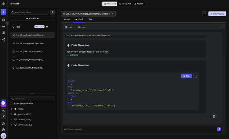 Query results showing calls data