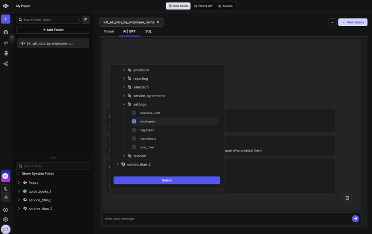 Selecting relevant tables in Peaka