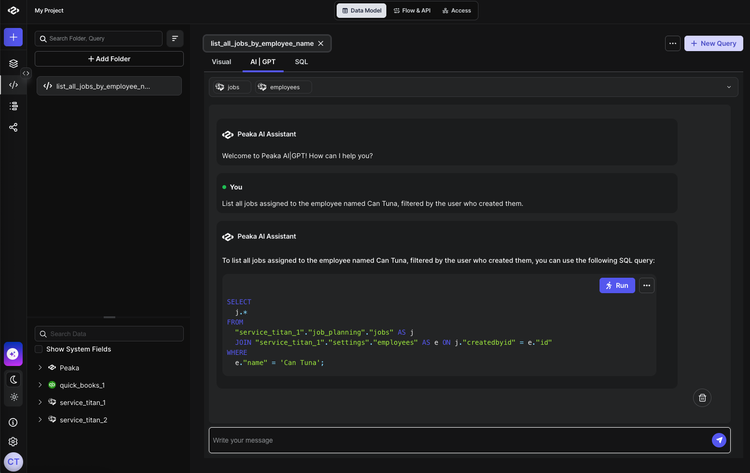 Query results showing employee job data