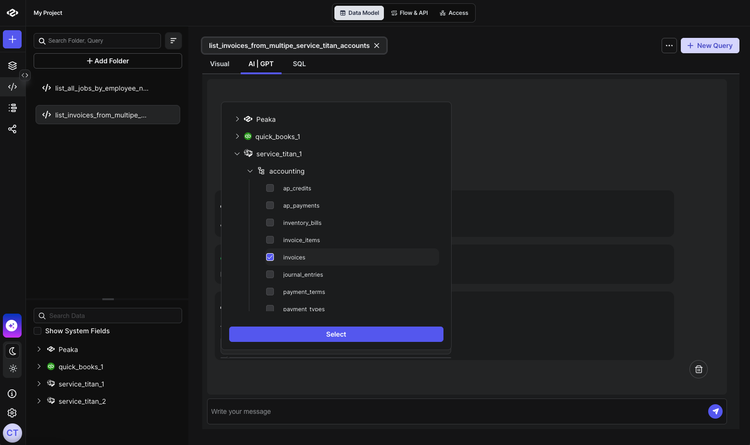 Selecting relevant tables in Peaka