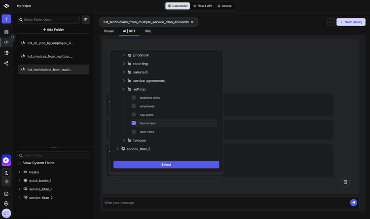 Selecting relevant tables in Peaka