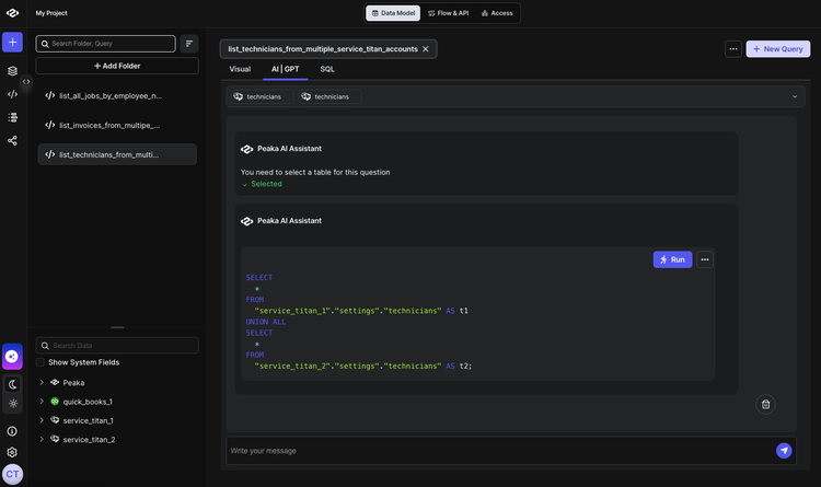 Query results showing technicians data