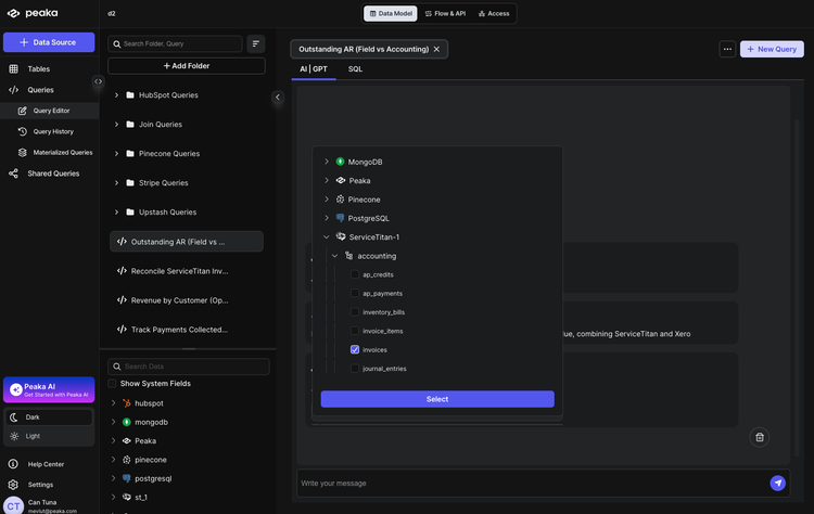 Selecting ServiceTitan and Xero invoice and customer tables in Peaka