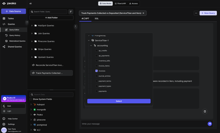 Selecting ServiceTitan and Xero payment and invoice tables in Peaka