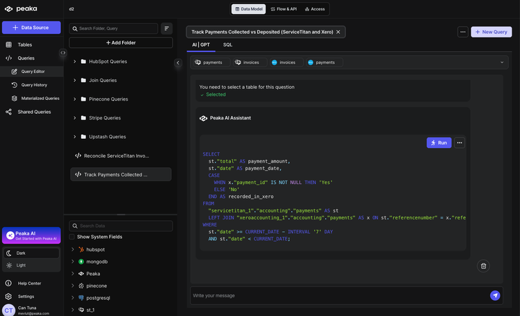 Results showing ServiceTitan payments vs Xero payments comparison
