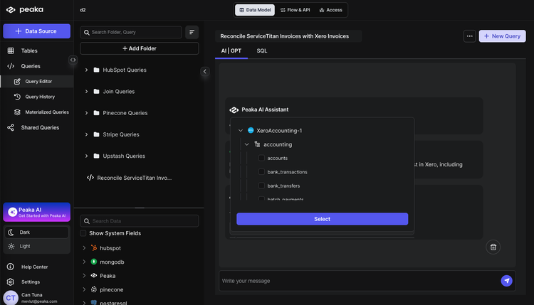 Selecting ServiceTitan and Xero tables in Peaka