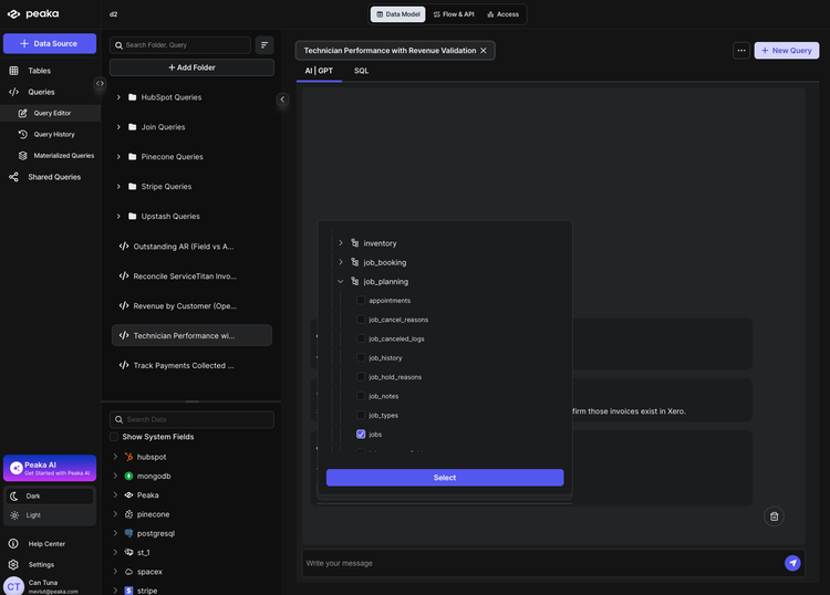 Selecting ServiceTitan jobs, technicians, invoices and Xero invoices in Peaka